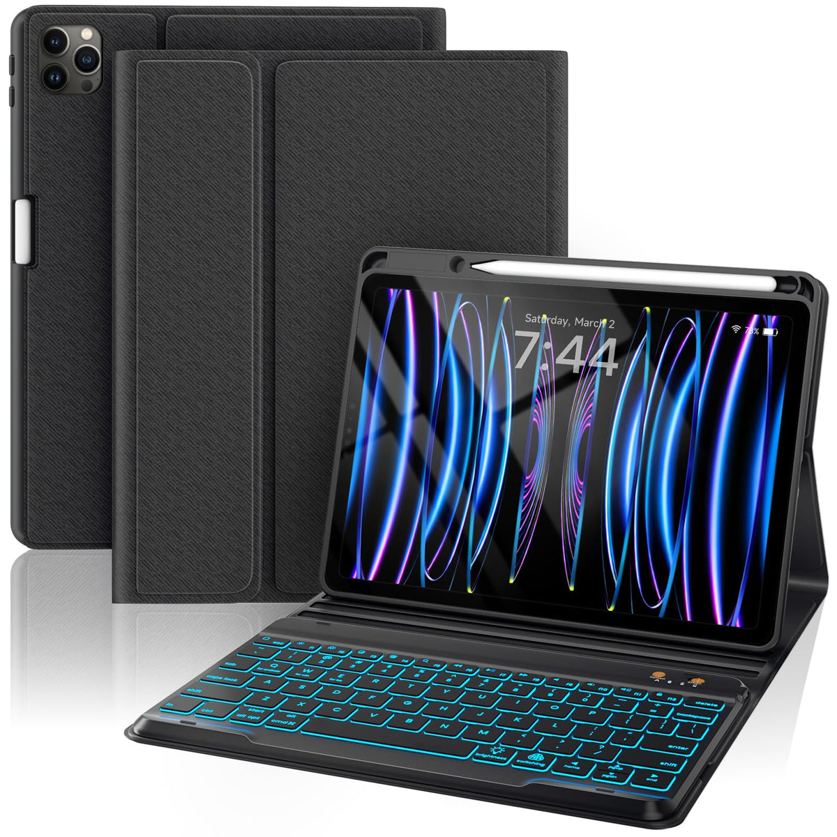 OPAKIT Keyboard Case for iPad Air 5th/4th Pro 11 inch, 7-Color Backlit Detachable Wireless Keyboard Case with Pencil Holder, Stand Folio Cover for Gen 2020/2022, Pro 4th/3rd/2nd/1st Gen, Black