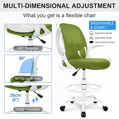 Primy Drafting Chair Tall Office Chair with Flip-up Armrests Executive Ergonomic Computer Standing Desk Chair with Lumbar Support and Adjustable Footrest Ring (AvocadoGreen)