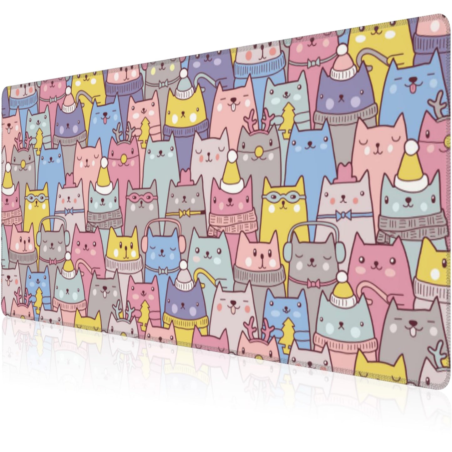 Mouse Pad, Large Cute Christmas Cats Desk Mat, Extended Non-Slip Gaming Keyboard Mousepad Desk Pad, Thick Stitched Edges Waterproof Mouse Mat 31.5"x15.7" (Cartoon Christmas Kittens)