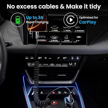 Coiled USB C to USB C Cable 2Pack 3FT Braided Retractable Fast Charging Cable for Car, Compatible with iPhone 16/15 Pro Max/Galaxy S24/S23/S22, Supports Car Play & Android Auto-Black
