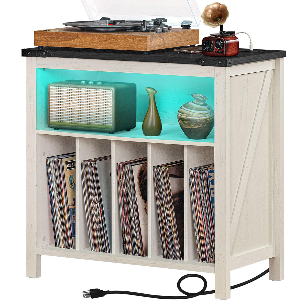 Joaxswe Large Record Player Stand with Charging Station & LED Lights, Vinyl Records Storage Holder Cabinet Holds up to 230 Albums, Turntable Stand for Music Room, Bedroom, Living Room, Office (White)