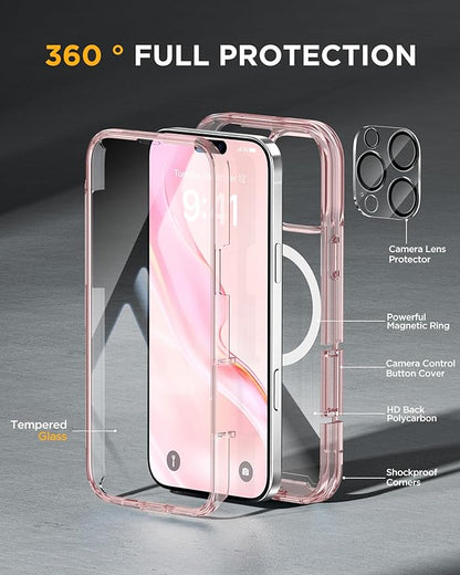 Miracase for iPhone 16 Pro Case Full-Body Phone with Built-in Glass Screen Protector, [Compatible with MagSafe] Military Drop Proof 16 Pro Cover Bumper 6.3 inch, Clear Pink