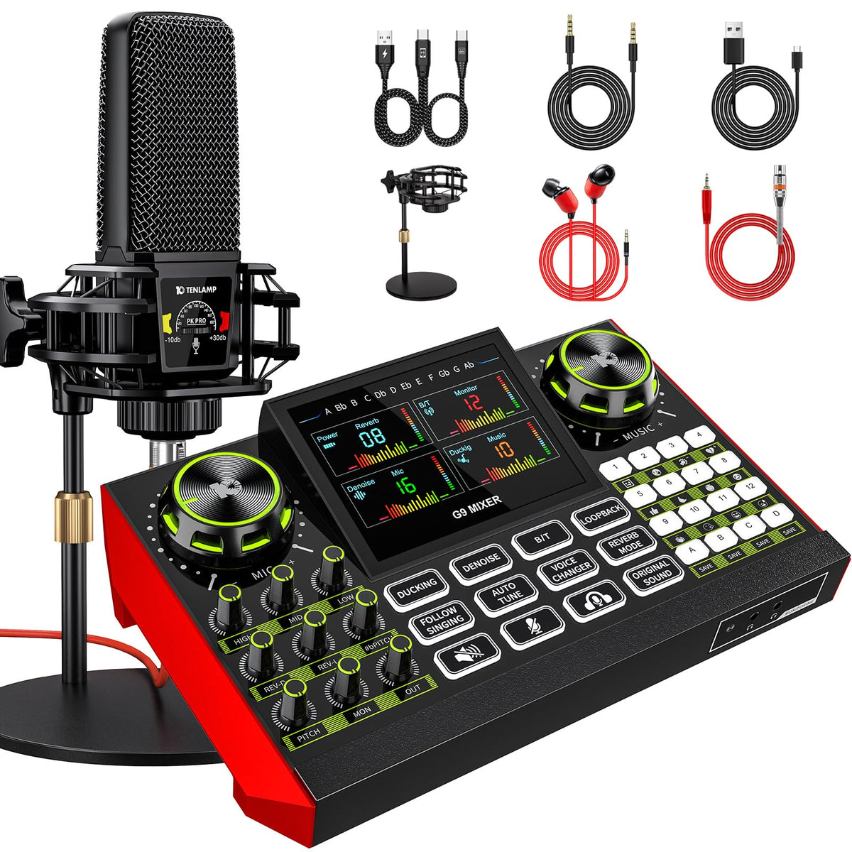 Podcast Microphone Bundle with Live Sound Card Audio Mixer, Podcast Equipment Bundle with 3.5mm BM800 Microphone for Pc/Youtube Live Streaming Singing Gaming, Sound Board with Voice Changer, Denoise