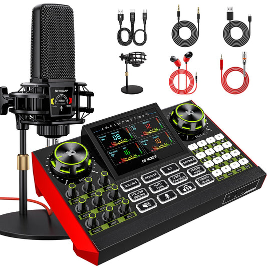 Podcast Microphone Bundle with Live Sound Card Audio Mixer, Podcast Equipment Bundle with 3.5mm BM800 Microphone for Pc/Youtube Live Streaming Singing Gaming, Sound Board with Voice Changer, Denoise