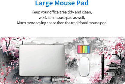 Japanese Cherry Blossom Large Mouse Pad,Gaming Keyboard Desk Pad,Extended Mouse Mat Non-Slip Rubber Base with Stitched Edges for Office Game Home XL 31.5"x11.8"