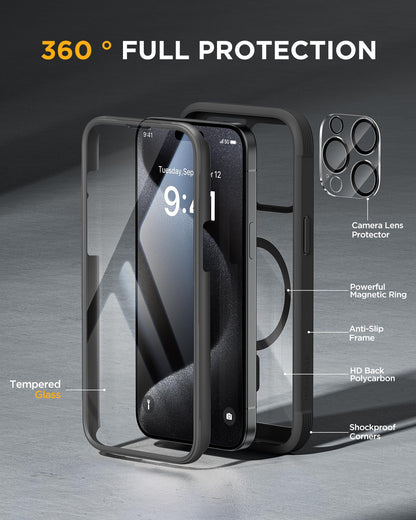 Miracase Magnetic for iPhone 12 Pro Max Case [Compatible with MagSafe] Full-Body Phone case with Built-in Glass Screen Protector& Camera Protector, Military Drop Proof 12 Pro Max Cover, Black