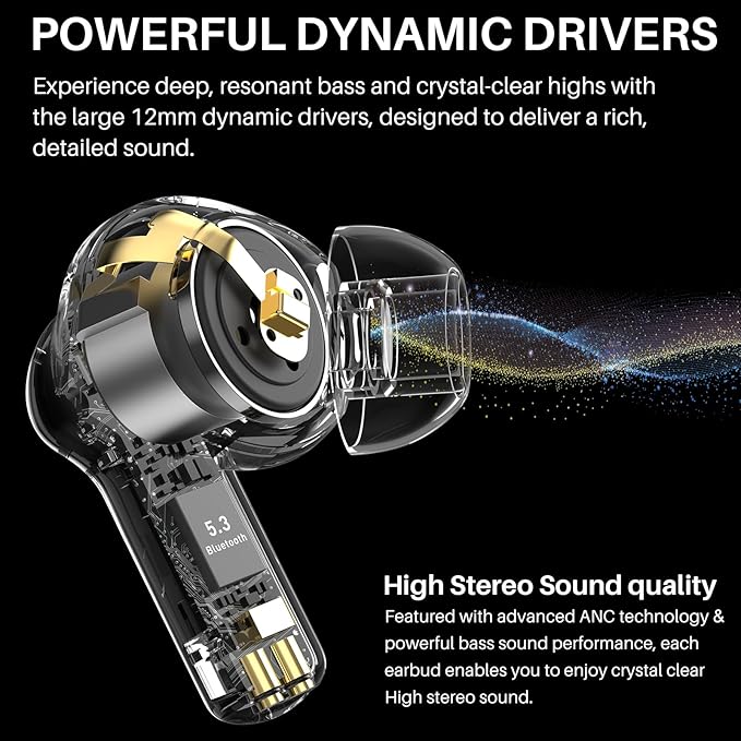 TOZO Hybrid Active Noise Cancelling Wireless Earbuds with 6 Mics AI Clear Call Ear Buds 55H Playtime with LED Display 32 Preset EQs via APP Bluetooth 5.3 IPX8 Waterproof in Ear Headphones