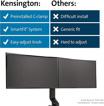 Kensington Dual Monitor Mount for Desk, C-clamp Vesa Monitor Stand Fits 2 Ultrawide Monitors Up to 27 Inches, Low Profile Stand, Height Adjustable Rotating Free Standing Arm, Black