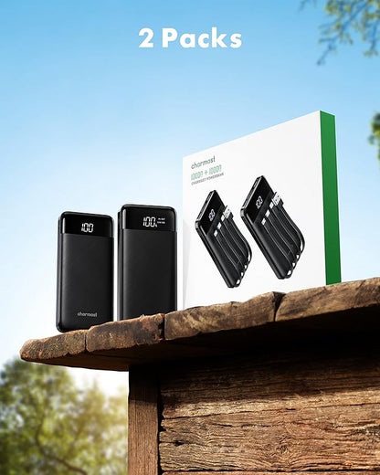 2 Packs Portable Chargers with Built in Cables, 2PCS Slim 10000mAh Travel Essentials Battery Pack 6 Outputs 3A Power Banks for iPhone Samsung Pixel LG Moto iPad