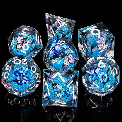 Butterfly DND Dice Blue-Black Liquid Core Dice Set with Metal Box, Handmade Sharp Edge D and D Polyhedral Dice for use with D&D Role Playing Game, D20 D12 D10 D8 D6