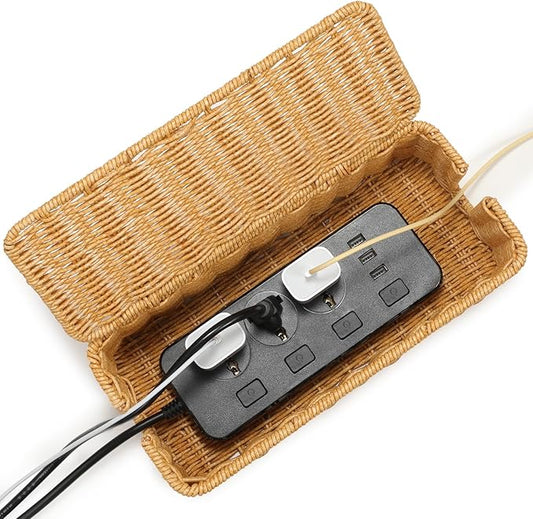 Delamu Handmade Rattan Cable Management Box, Cord Organizer with 2 Open Slots, Desk Cord Box Hider for Computer Router USB Hub Power Strip, 12.5" Lx 5.1" Wx 5.1" H, Natural