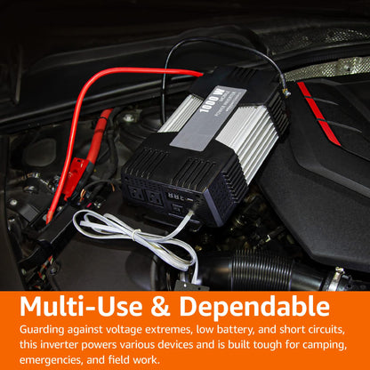 Amazon Basics 1000W Car Power Inverter, 12V to AC 110V, Portable, 2 AC Outlets, USB Port, 13.81 x 7.44 x 3.07 inches