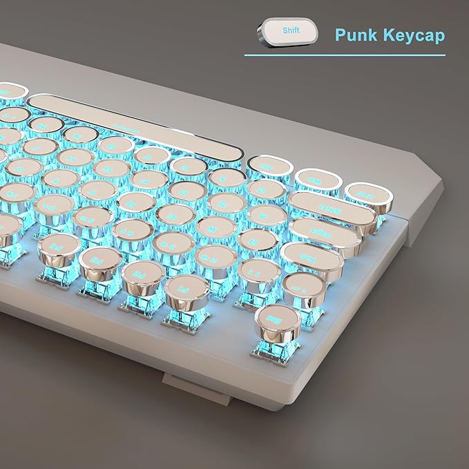 MageGee Typewriter Mechanical Gaming Keyboard, Retro Punk White Round Keycaps, 104 Keys LED Blue Backlit Wired Keyboards for Laptop MAC PC Gamer, with Magnetic Wrist Rest, Blue Switch