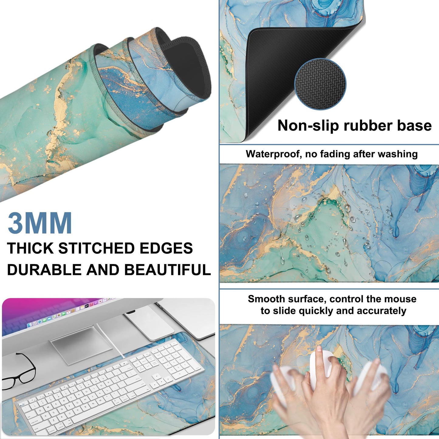 NITAHHHY Gaming Desk Pad Large Extra Length Fluid Art Marble Mouse Pad Keyboard Laptop Non-Slip Waterproof with Rubber Base Thick Stitched Edge Mouse Mat for Office Home 35.4 x 15.7 Inches