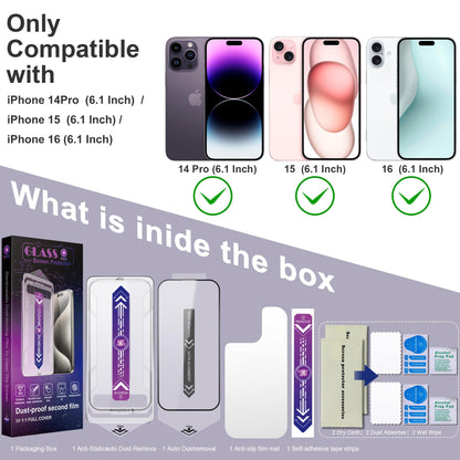 CHRYSHA 2-Pack Screen Protector Tempered Glass for iPhone 16 and iPhone 15 and iPhone 14 Pro 6.1-Inch, Auto Dust Removal, No Bubbles, High Definition Clear, Easy Installation