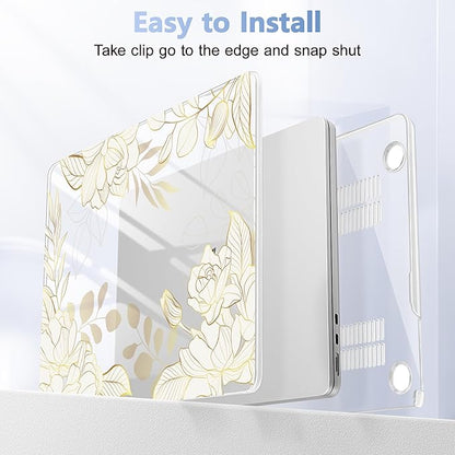 Case for MacBook Air 15 Inch 2025 2024 2023 Release M4 A3241 M3 A3114 M2 A2941, Hard Shell with Screen Protector & Keyboard Cover, Compatible with Touch ID - Gold Rose Flowers