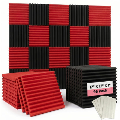 96 Pack Black/RED 12 "X 12 "X1" Acoustic Panels Studio Soundproofing Foam Wedge Tiles(Accompanied By Double-Sided Adhesive Tape)