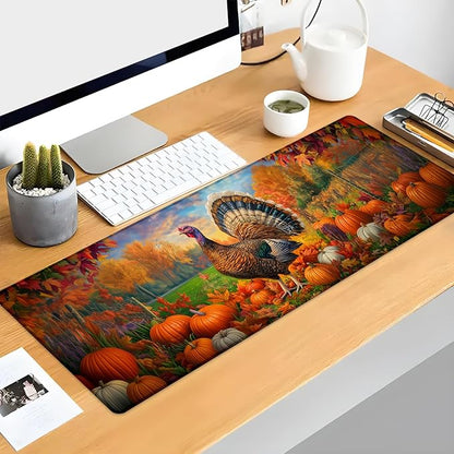 Autumn Turkey Gaming Mouse Pad, Pumpkin and Fall Leaf Mousepads for Gaming Home Office Work, Extended Mats Computer Keyboard Laptop, 31.5×11.8 Inch Large Desk Mat with Non-Slip Rubber Base