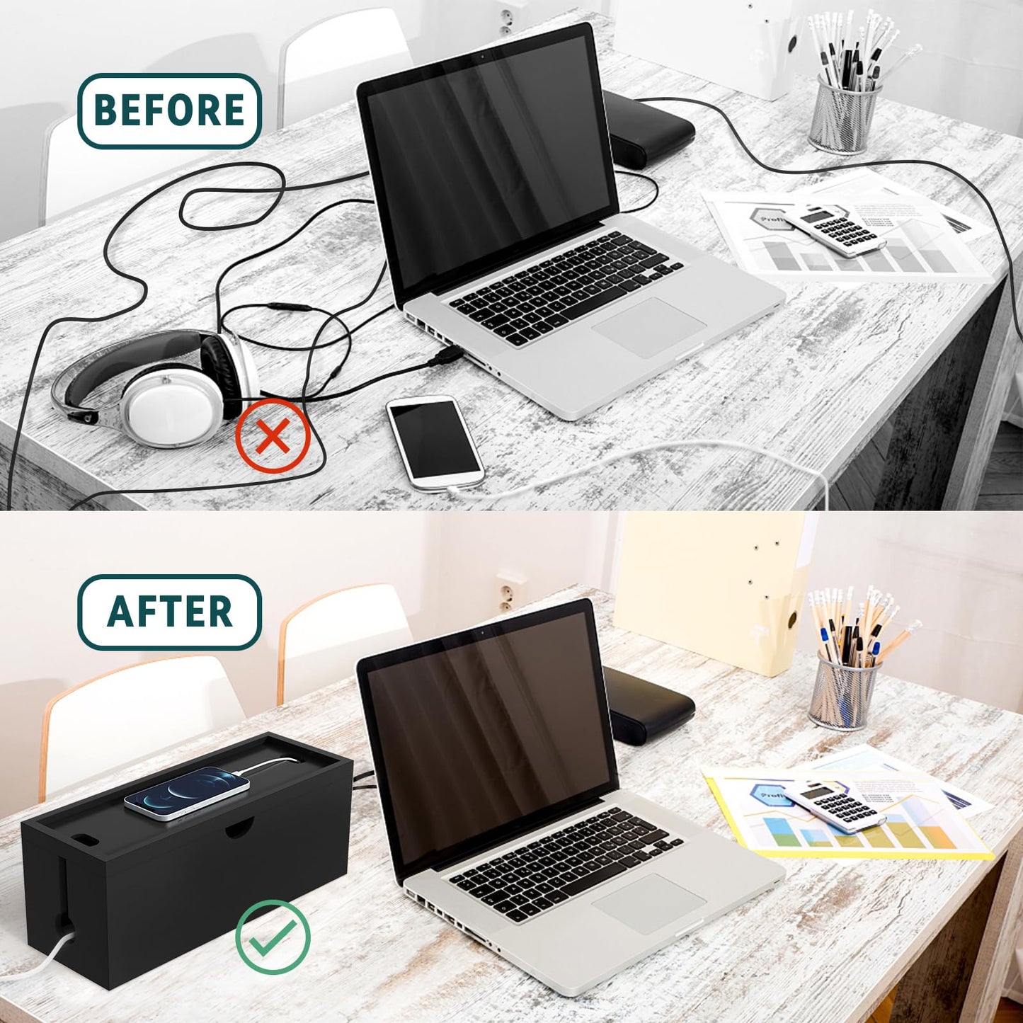 Bamboo Cable Management Box, Large Cord Organizer Box Cable Box to Hide Wires & Power Strips for Desktop Storage Cord Holder for Office Home,No Assembley Required (All Black, Large)