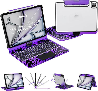 iPad Keyboard Case for iPad 10th Gen (2022) & 11th (A16, 2025), Magic Wireless Keyboard with Trackpad 7 Color Backlit 360° Rotating Stand Transparent Protective Cover with Pencil Holder (Purple)