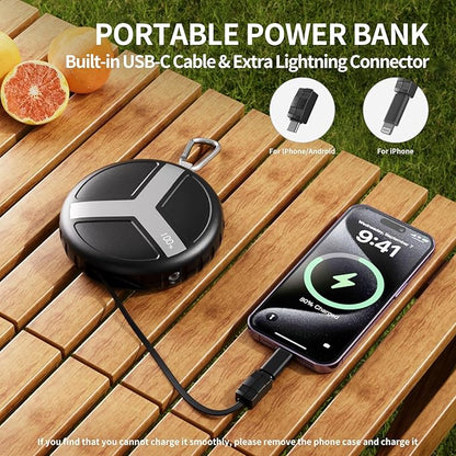 Vivilumens Retractable Power Bank Outdoor Portable 10000mAh Cell Phone Fast Charging Wearable Compact Battery Pack with 25.5 inch Built-in USB C Cable Compatible Iphone Lighting Function for Traveling