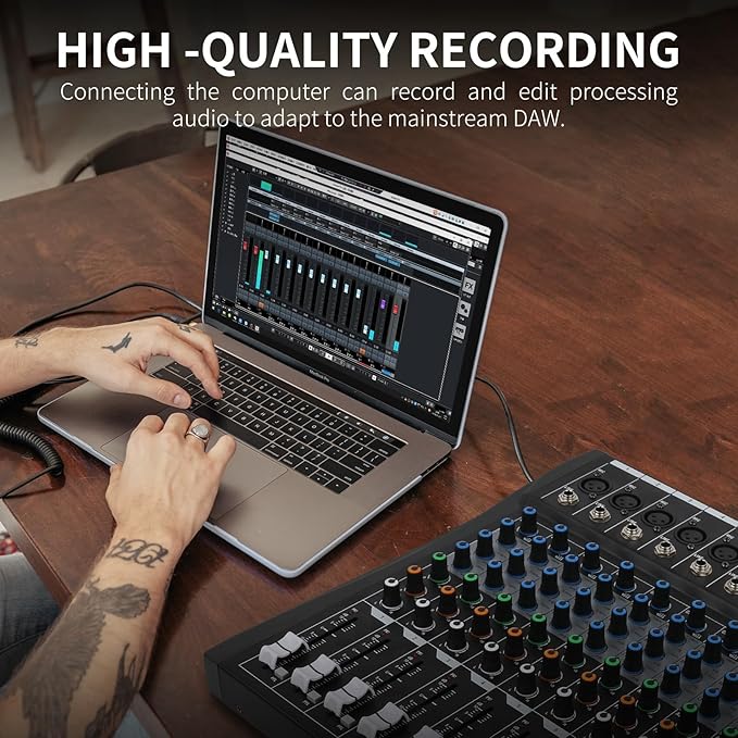 XTUGA 6 Channel Audio Mixer Sound Board Mixing Console, Audio Interface PC USB Bluetooth with 48V Phantom Digital Effect for DJ Live Recording Studio Karaoke(CT60)