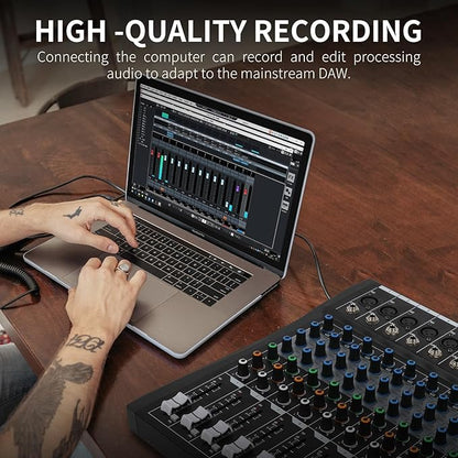 XTUGA 12 Channel Audio Mixer Sound Board Mixing Console, Audio Interface PC USB Bluetooth with 48V Phantom Digital Effect for DJ Live Recording Studio Karaoke(CT120)