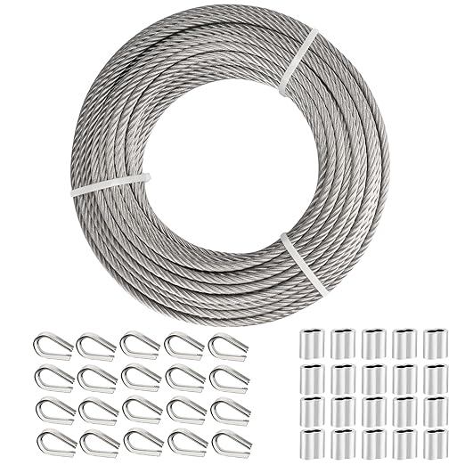 TooTaci 3/16" Stainless Steel Cable, 100ft Wire Rope with Aluminum Crimping Sleeve&Thimbles, 7x19 Strands, 3700lbs Breaking Strength Heavy Duty Aircraft Cable for Zipline, Deck Railing, Shade Sail