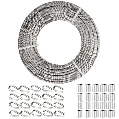 TooTaci 3/16" Stainless Steel Cable, 100ft Wire Rope with Aluminum Crimping Sleeve&Thimbles, 7x19 Strands, 3700lbs Breaking Strength Heavy Duty Aircraft Cable for Zipline, Deck Railing, Shade Sail