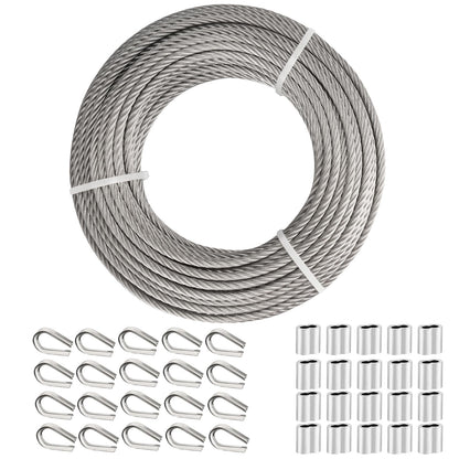 TooTaci 3/16" Stainless Steel Cable, 100ft Wire Rope with Aluminum Crimping Sleeve&Thimbles, 7x19 Strands, 3700lbs Breaking Strength Heavy Duty Aircraft Cable for Zipline, Deck Railing, Shade Sail