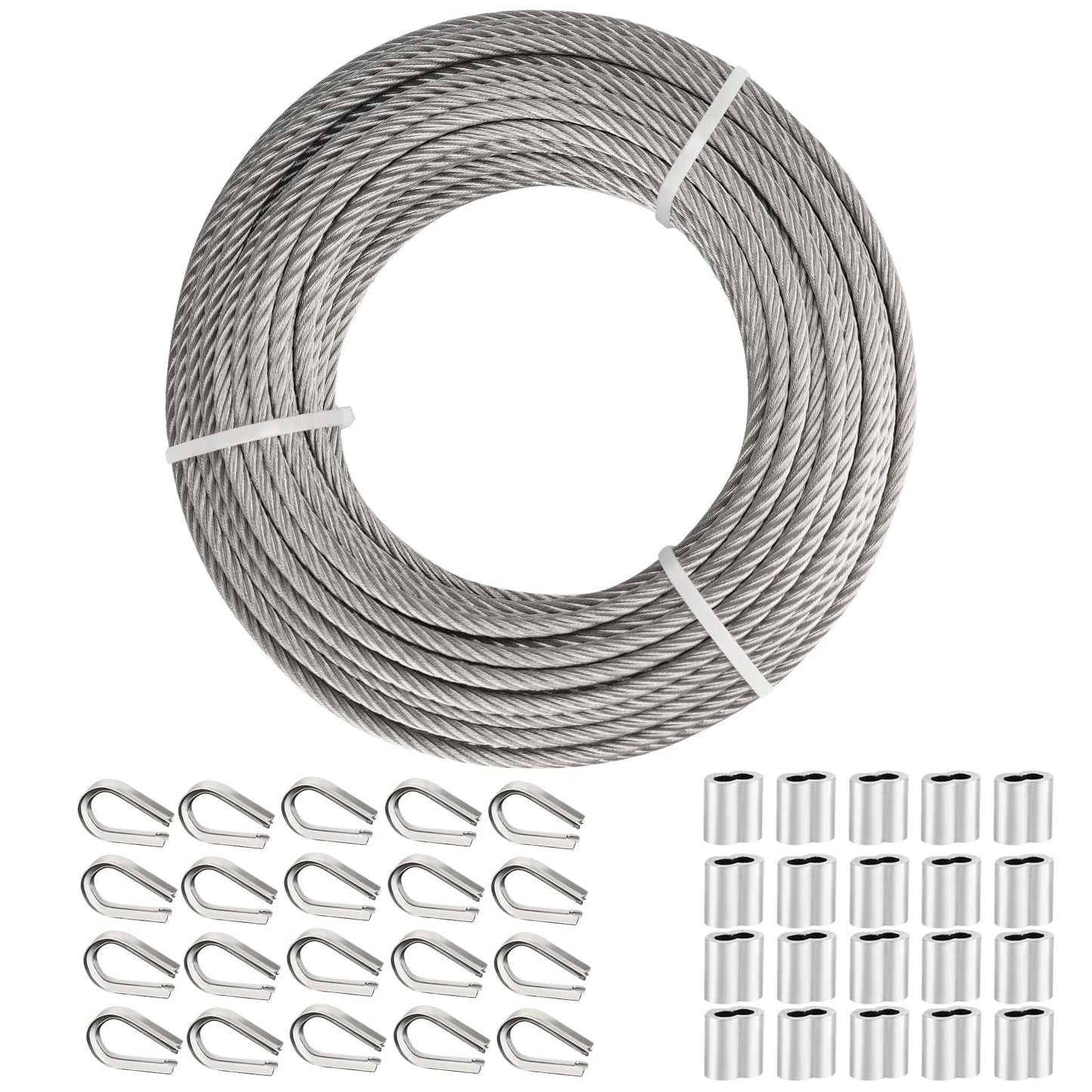 TooTaci 3/16" Stainless Steel Cable, 100ft Wire Rope with Aluminum Crimping Sleeve&Thimbles, 7x19 Strands, 3700lbs Breaking Strength Heavy Duty Aircraft Cable for Zipline, Deck Railing, Shade Sail