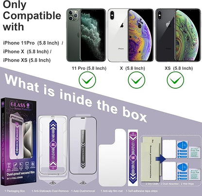 2 Pack Screen Protector for iPhone X/iPhone XS/iPhone 11 Pro, 9H Tempered Glass, Full Coverage, Anti-Fingerprint, Auto Dust-Elimination, No Bubble, Easy Installation