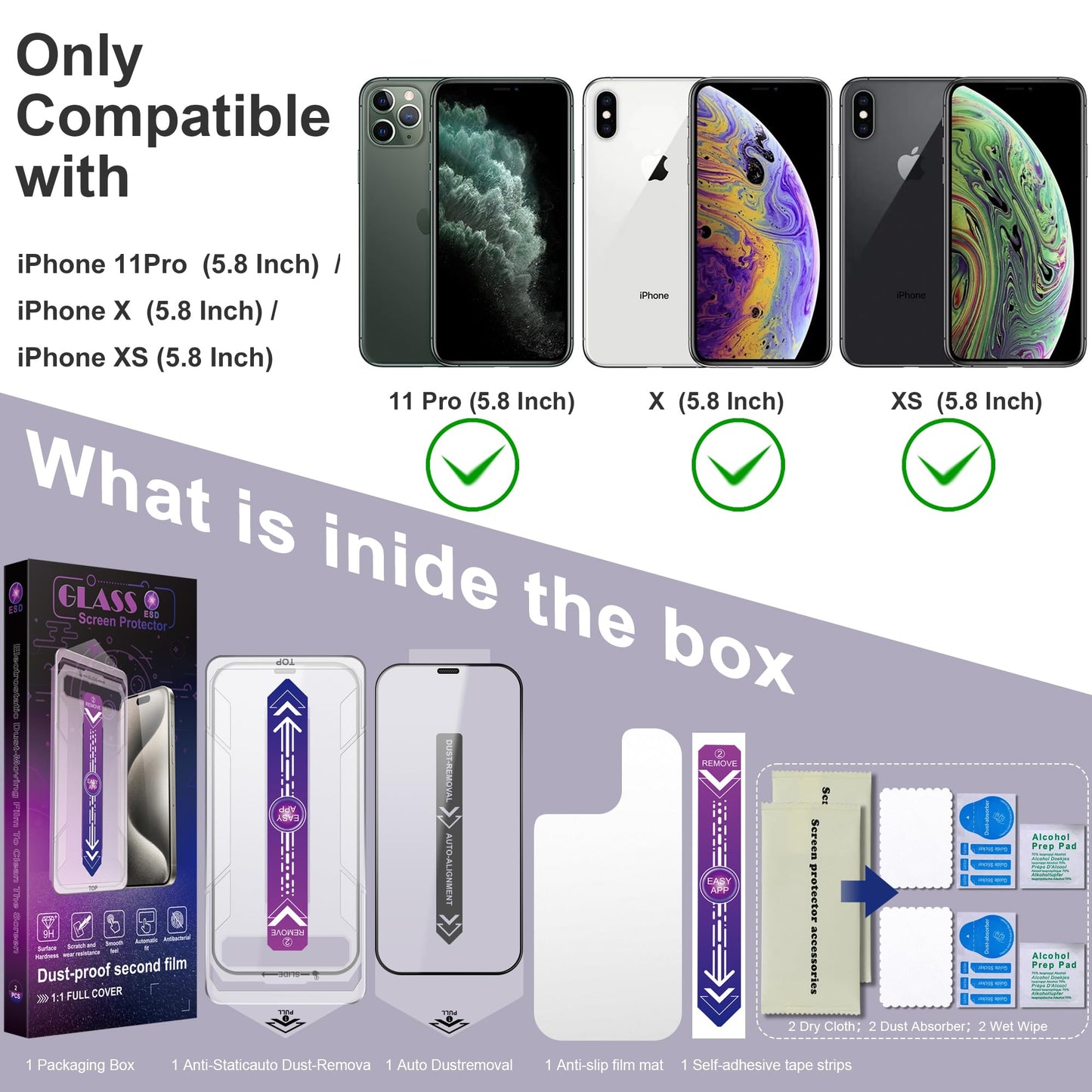 CHRYSHA 2-Pack Screen Protector Tempered Glass for iPhone 11 Pro and iPhone XS and iPhone X 5.8-Inch, Auto Dust Removal, No Bubbles, High Definition Clear, Easy Installation