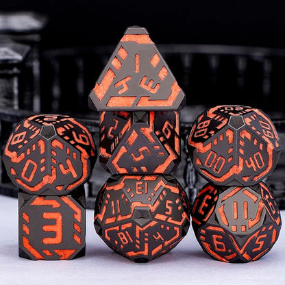 Metal DND Sci-fi Dice Set 7PCS Luminous Orange Stripe Polyhedral Dice for Dungeons Dragons RPG Role Playing Game, Glitter D and D Dice with Gift Box D6 D8 D10 D12 D20
