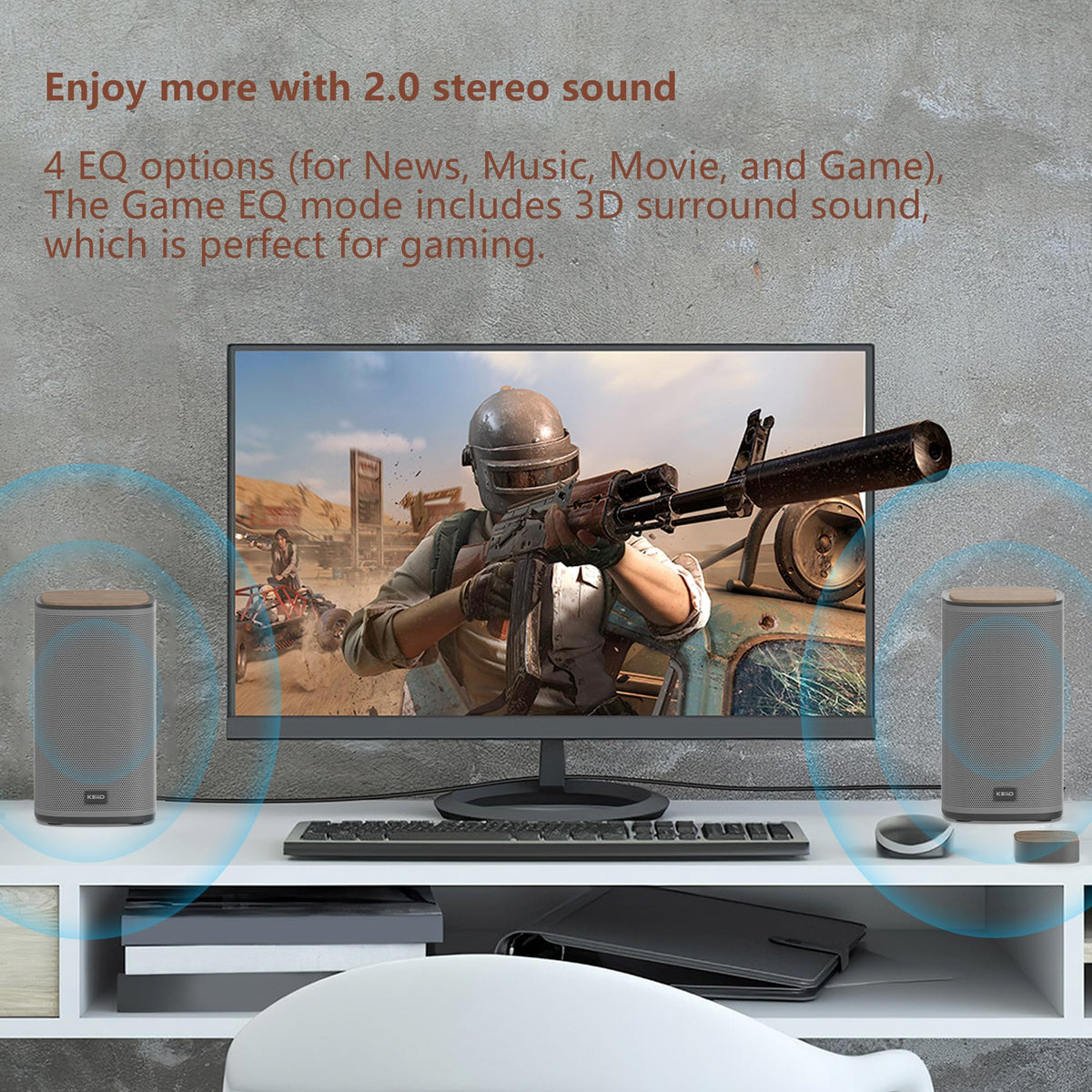 KEiiD Bluetooth Computer Speakers with Wireless Touch Control Pod for PC Laptop/Desktop Wireless Stereo Gaming Speakers, 4 EQ Modes, Aesthetic Style, New Model