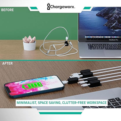 ChargeWorx Pack of 5 Magnetic Cable Clips, Cord Organizer for Office Desk, Nightstand, Car, or Wall, Adhesive Wire Holder for USB-C, Micro-USB, and Lightning Cables, Magnet Clips for Cable Management