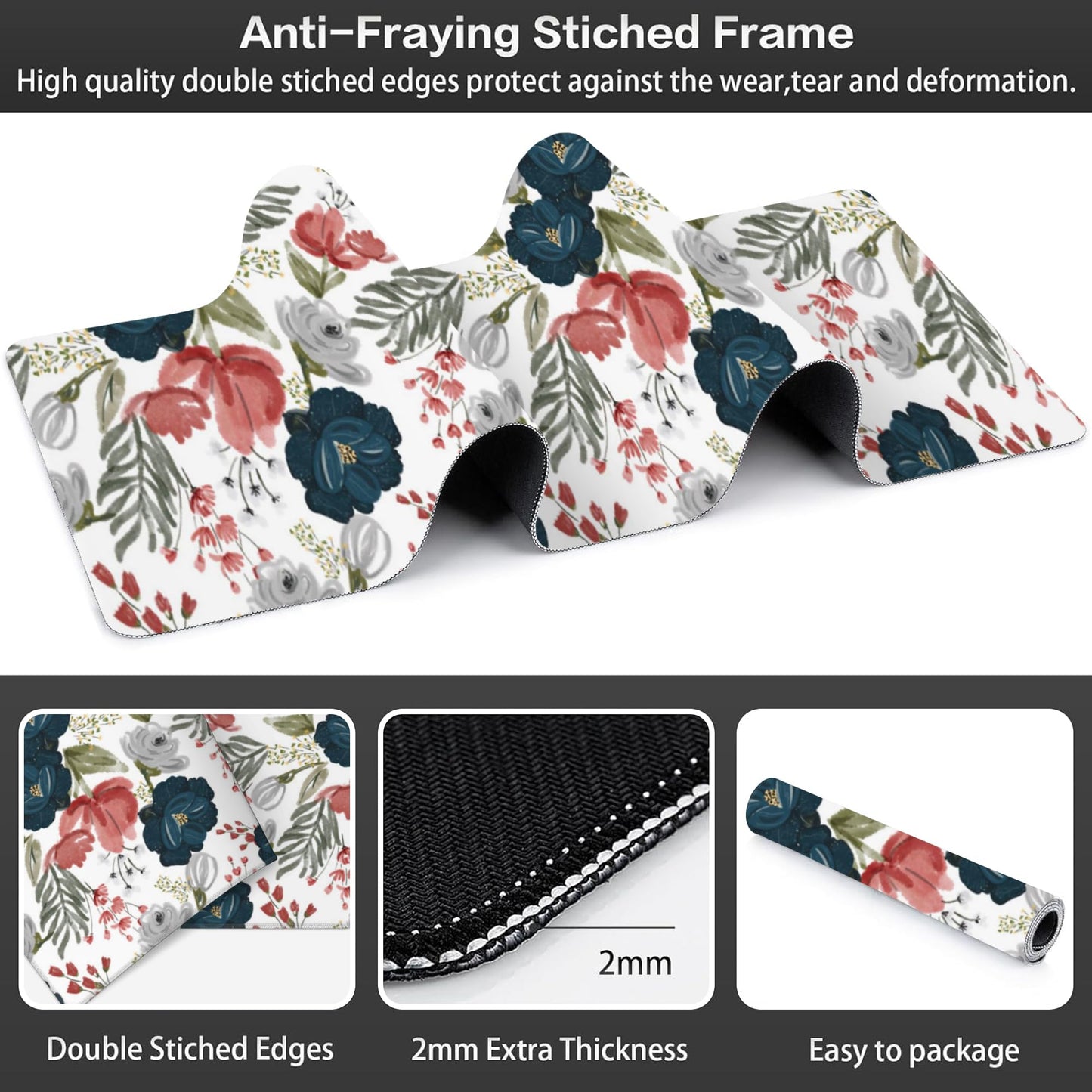 Watercolor Flowers Desk Mat,Large Colorful Floral Gaming Keyboard Mouse Pad,Non-Slip Rubber Base Desk Pad Thick Stitched Edges Waterproof Mousepad Mouse Mat 31.5"x11.8"