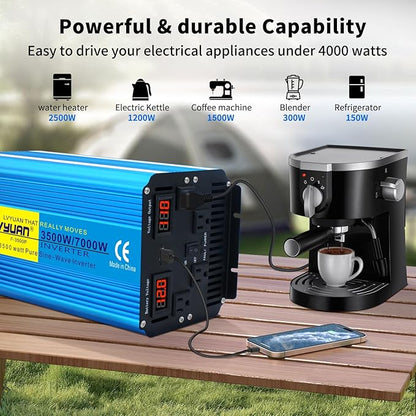 Yinleader 3500 Watt Pure Sine Wave Power Inverter 12V DC to 110V/120V AC Converter for Family RV Camping Boat Emergency/4 AC Outlets and LCD Display, Remote Controller
