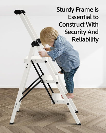 Taranta 3 Step Ladder, Lightweight Aluminum Step Stool with Convenient Handgrip, Folding Ladder with Anti-Slip Pedals, 330lbs Capacity Stepladder for Home, Office, Kitchen - White