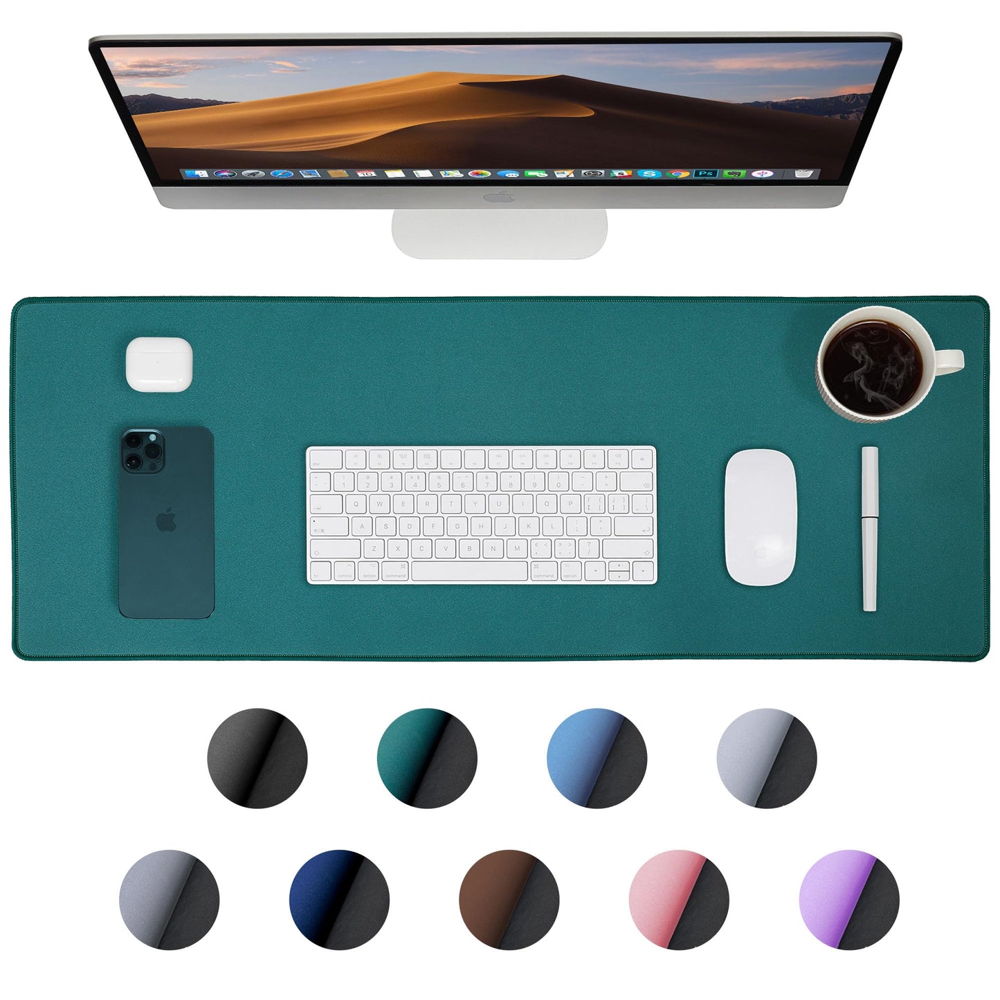 ALOANES Dark Green Waterproof Desk Mat,Large Extended Mouse Mat,Office Desk Protector with Anti-Slip Base,Stitched Edge,Grain Jacquard Surface,Perfect for Gamer,Office&Home, XL(11.81''x27.56''x0.12'')
