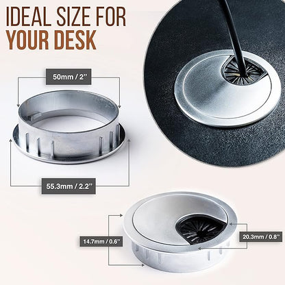 MAHDPRO Metal Desk Grommet 2 Inch (50 mm) Pack of 2-Silver (Pearl Chrome) Zinc Alloy Metallic Desk Cord Hole Cover to Arrange Cables & Wires Through Computer Table
