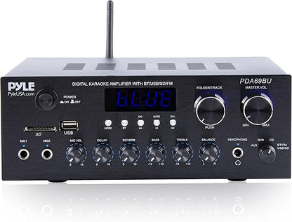 Pyle Stereo Amplifier Audio Receiver with Remote Control - Bluetooth Streaming, MP3/USB/SD/FM Radio, 2.0 Channel HiFi Sound System with RCA/Aux Inputs, Microphone & Headphone Jacks, Adjustable Bass