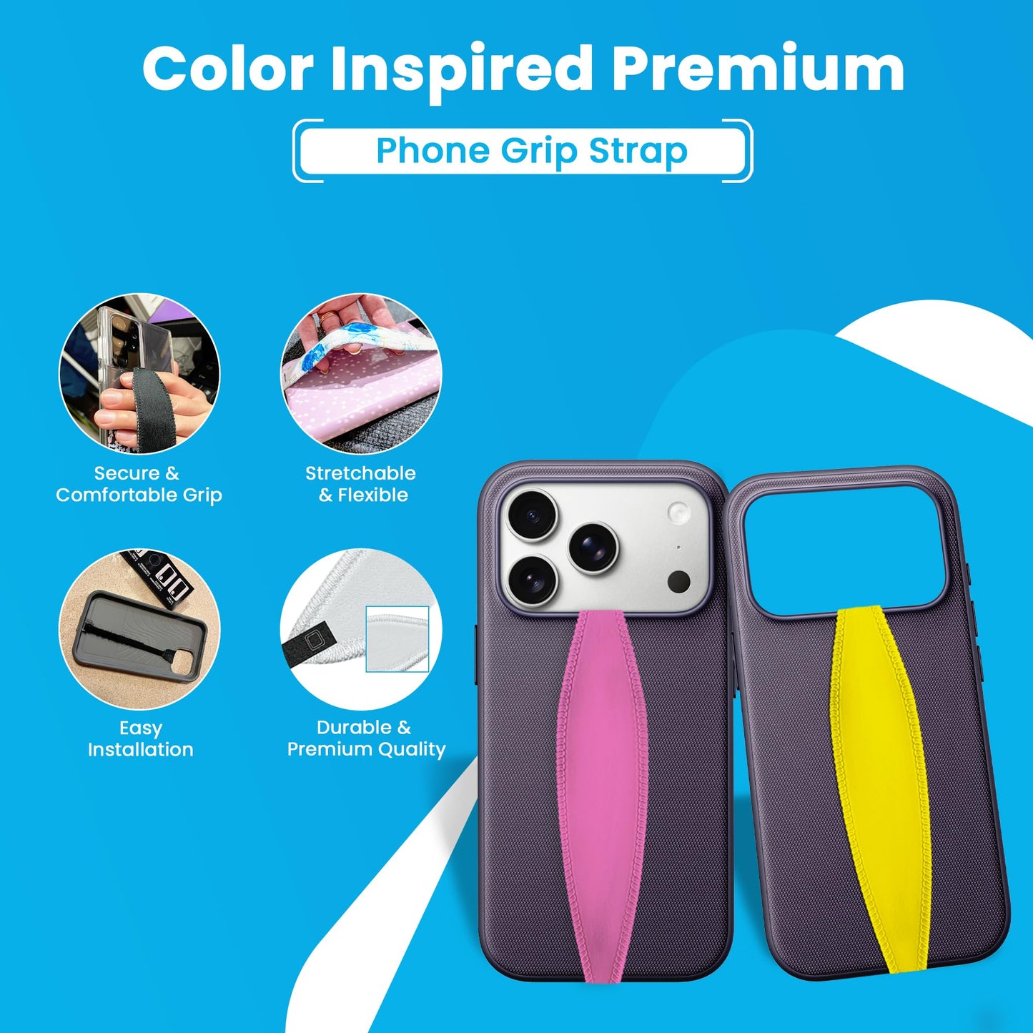 Switchbands Colorful Phone Grip 2 Pack – Reversible Elastic Phone Strap, Adhesive-Free, Arthritis Friendly Easy-Hold, Anti-Theft, Wireless Charging Compatible, Universal Fit – Blue & Cobalt Blue