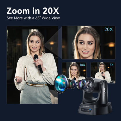TONGVEO 4K NDI PTZ Camera AI Auto-Tracking 20X Optical Zoom HDMI IP Live Streaming SDI USB3.0 PoE LAN Supports for Church Worship Event Video Conference YouTube OBS vMix Zoom Teams and More