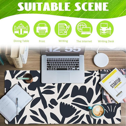 Desk Pad,Hand Drawn Leaves and Flowers Desk Mat,Abstract Plant Large Gaming Mouse Pad for Desk,Extended Big Computer Keyboard Mouse Pad with Non-Slip Base and Stitched Edge,35.4"x15.7"