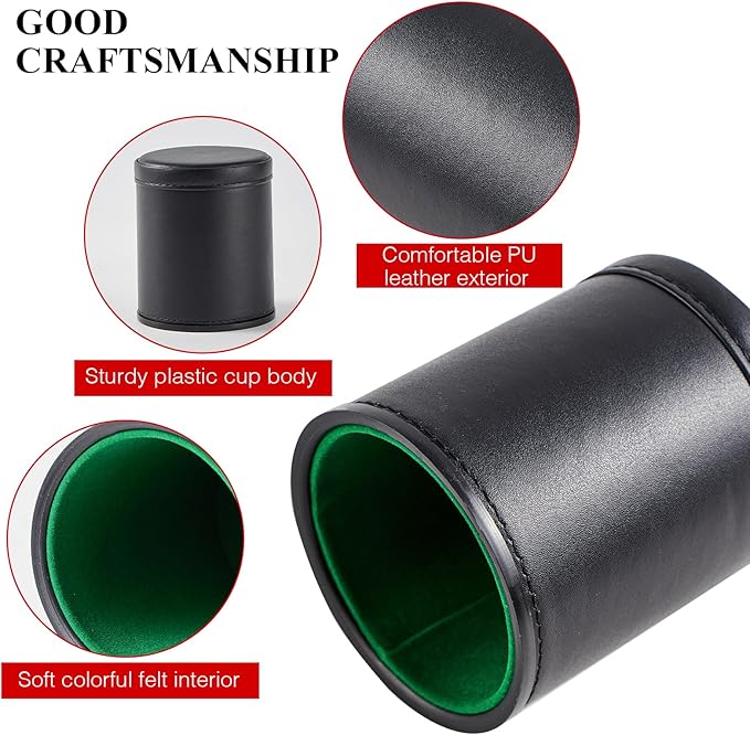 5 Pack Black Leather Dice Cups with Colorful Velvet Felt-Lined Interior and 30 Matching Colorful Transparent Dices