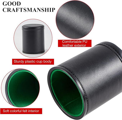 5 Pack Black Leather Dice Cups with Colorful Velvet Felt-Lined Interior and 30 Matching Colorful Transparent Dices