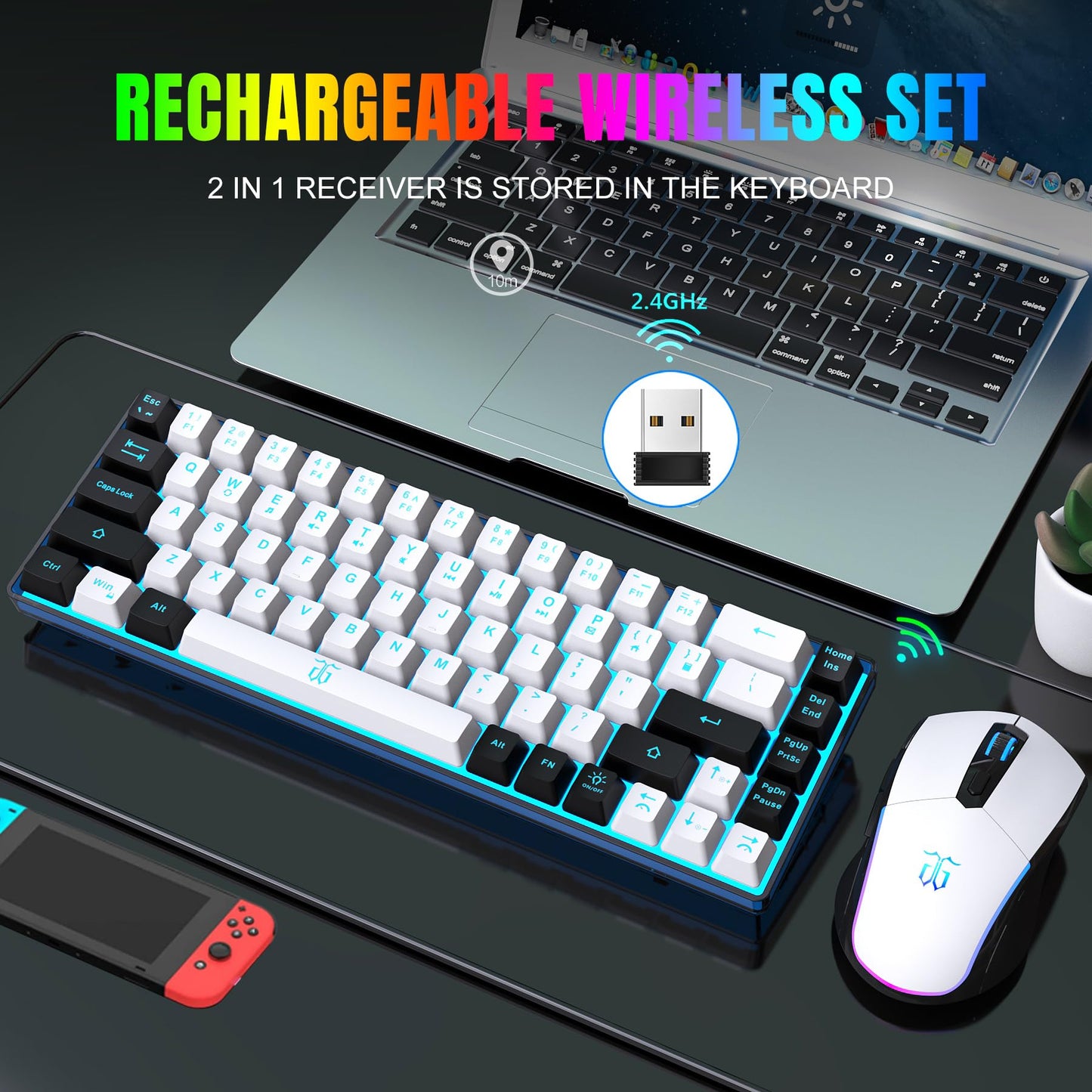 Snpurdiri 60% Wireless Gaming Keyboard and Mouse Combo (White-Black)