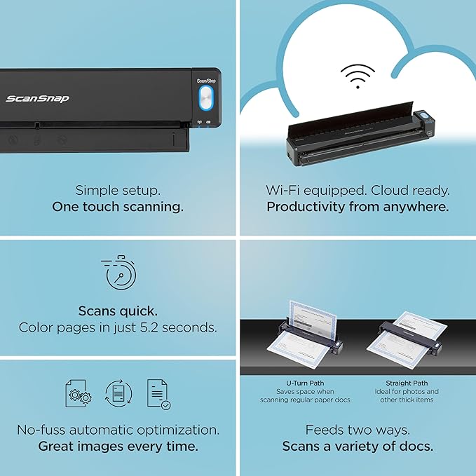 ScanSnap iX100 Wireless Mobile Portable Scanner for Mac or PC, Black