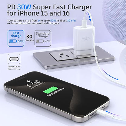 Phone 15 16 Charger, 30W Super Fast Charging, USB C Block Type C Cable Cord [ 6.6ft + 10ft ] for iPhone 16,16 Plus,16 Pro,16 Pro Max, iPhone15, iPad Pro 12.9/11, Galaxy S25, S24,S23-2Pack